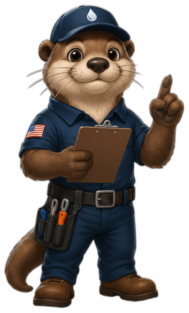 Otto the Otter, the Sweetwater Plumbing mascot, holding a clipboard