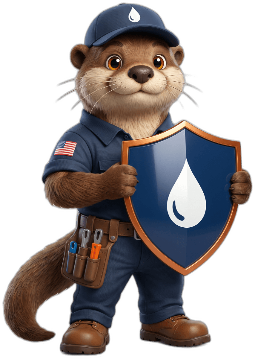 Otto the Otter, the Sweetwater Plumbing mascot, holding the Sweetwater Shield