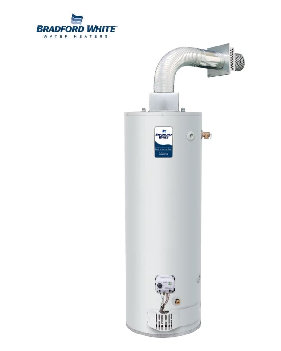 Bradford White 50-gallon direct-vent gas water heater, one of the units we install in Raleigh homes